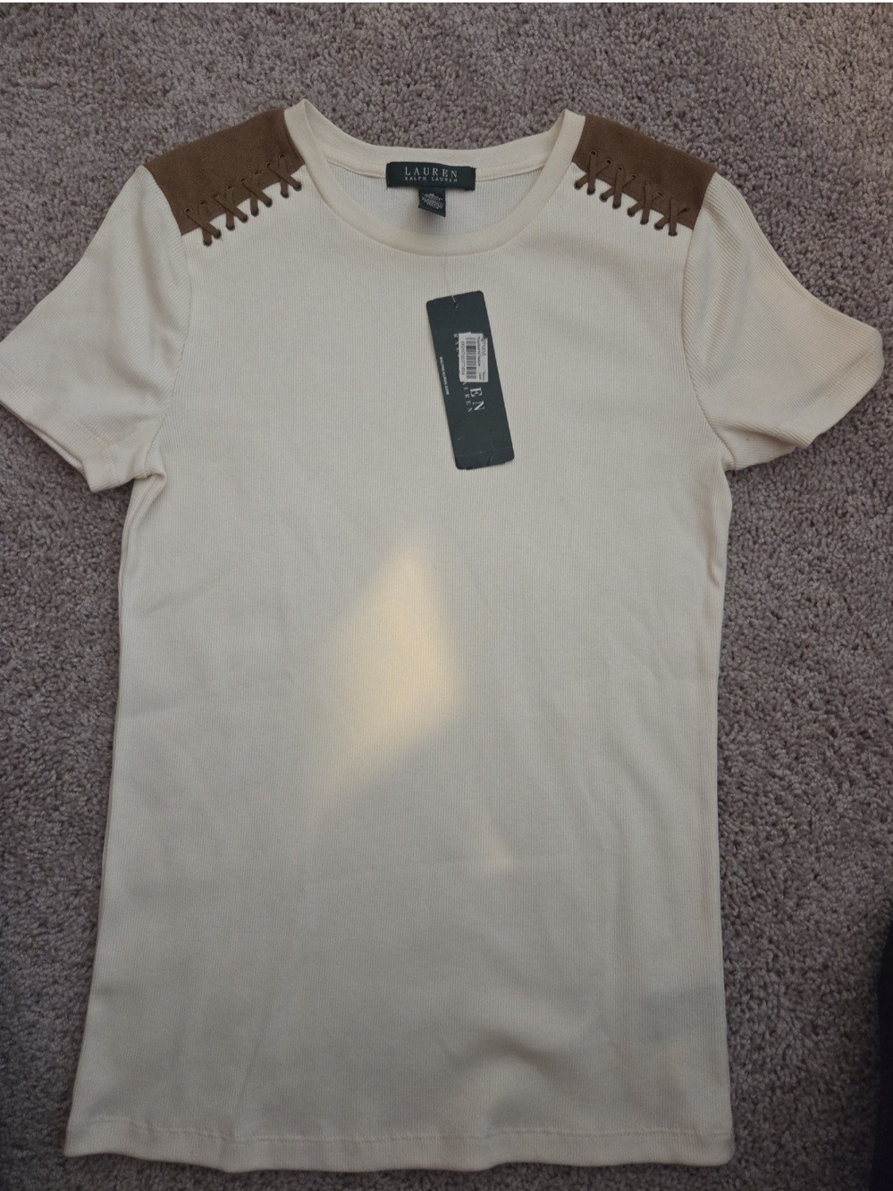 Ralph Lauren Cream Short-Sleeve Top with Brown Suede Shoulder Accents
